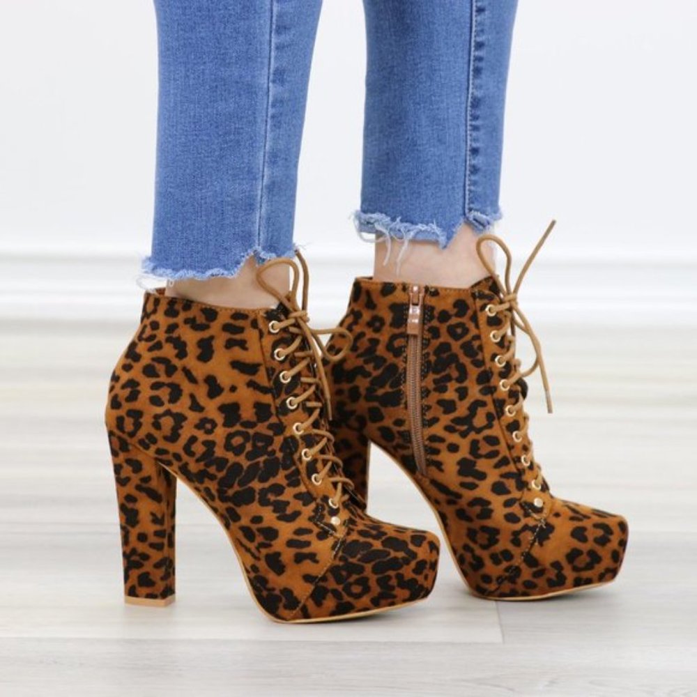 Leopard Print Suede Heeled Ankle Booties - Picture 2 of 11